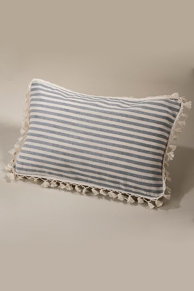 vivamaison Față de pernă cu pompon din in, cu design special, cu dungi gri, 35x55 cm