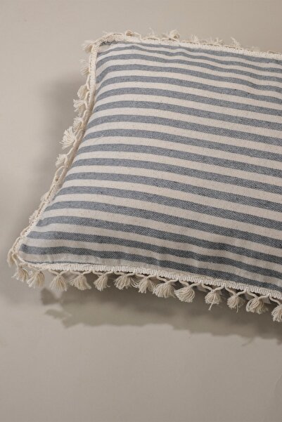 vivamaison Single Special Design Gray Striped Linen Pompom Throw Pillow Pillow Case 35X55 cm