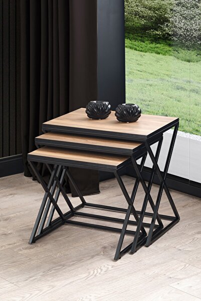 Sawoli Home Royal Siyah Metal Ayak Ceviz Zigon Sehpa