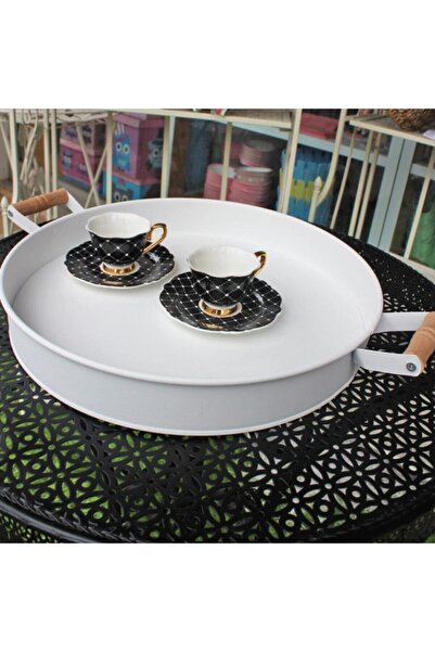EMİRLER Siyah Ferforje Lüx Yuvarlak Tepsi,kahvaltı Tepsisi,siyah Sunum Tepsisi,siyah Tepsi,ahşap Saplı Tepsi