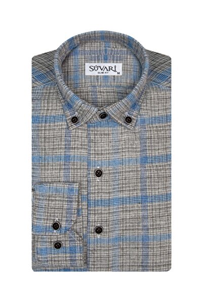 SÜVARİ Slim Fit Desenli Flanel Gri Erkek Gömlek