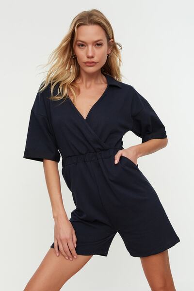 Trendyol Collection Μπλε μπλέ πλεκτή φόρμα με διπλό γιακά