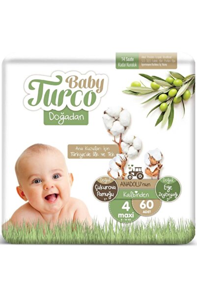 Baby Turco Doğadan Bebek Bezi 4 Numara Maxi 60 Adet + Doğadan Islak Havlu 60 Yaprak