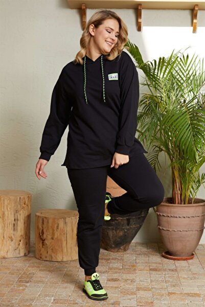 Seamoda Κίτρινο νέον Λεπτομερές φούτερ με κουκούλα με σχισμή-μαύρο