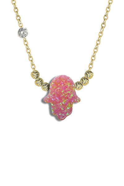 Demas Gold Pirlanta 14 Ayar Altin Dorikalı Pembe Opal Fatmanin Eli Taşlı Kolye