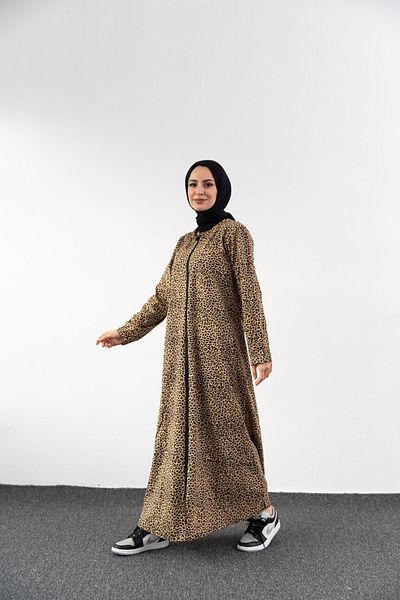 Kutay Collection Long Leopard Patterned Seasonal Zippered Prayer Dress