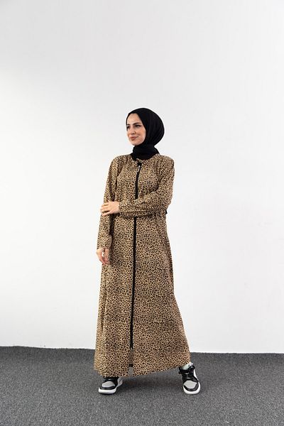 Kutay Collection Long Leopard Patterned Seasonal Zippered Prayer Dress