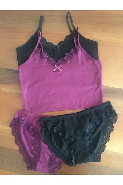 LEYNA BUTİK Women's Plum Black 2 Piece Thread Strap Athlete Panties Set.