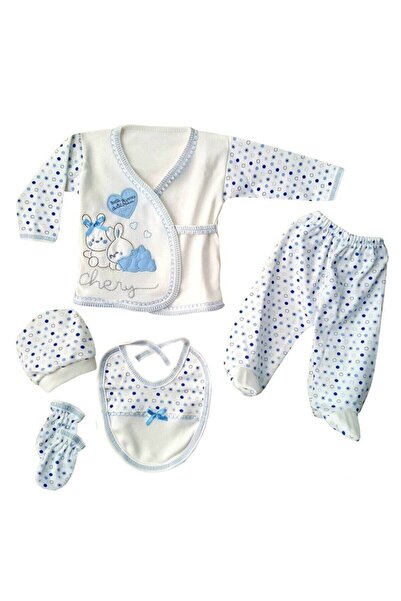 WeBombino Baby Boy Ecru Blue Rabbit Embroidered 5 Piece Newborn Hospital Exit...
