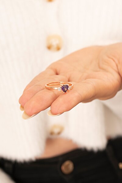 Eva Jewelry Mor Kalp Ayarlanabilir 14 K Rose Gold Kaplama Kadın Yüzük
