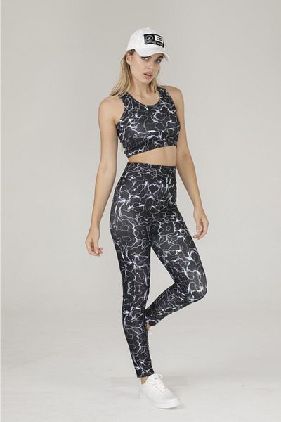 Bloom Night Set de jambiere crop cu talie înaltă, cu imprimeu, negru, albastru