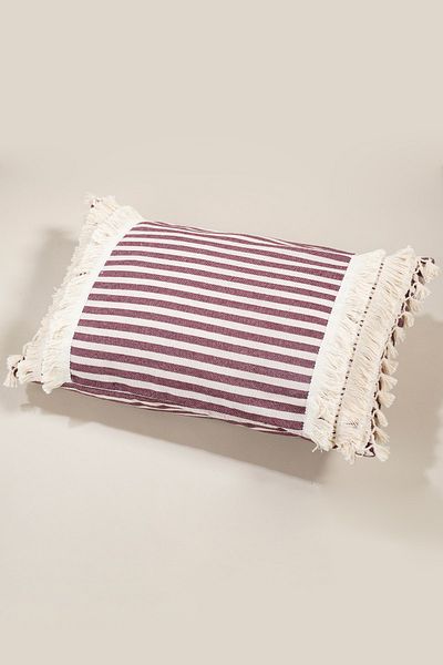 vivamaison Față de pernă de in ciucuri cu dantelă roșie claret cu design special unic, 35x55 cm