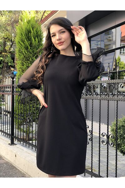 AYHAN Μαύρο βραδινό φόρεμα με μανίκια οργάντζα Γυναικείο φόρεμα
