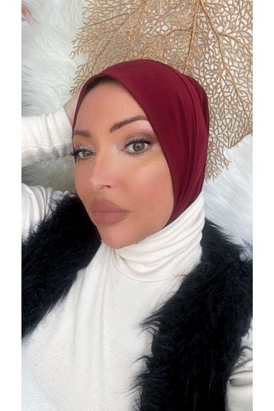 Nilbutik Women's Hijab Claret Red Snap Neck Collar Hijab Bonnet Model Scarf Shawl