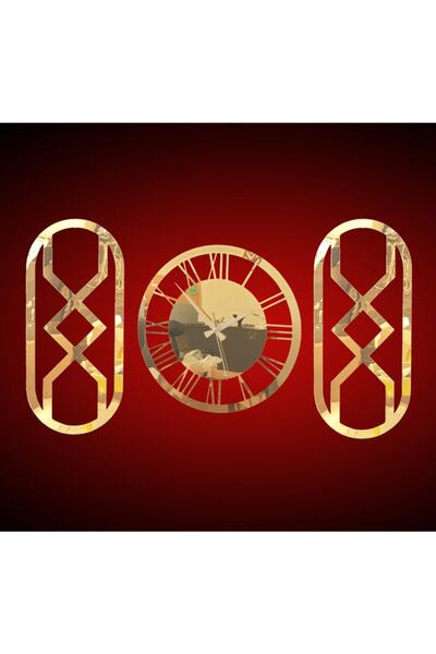 HYL Özel Tasarım Üçlü Set Duvar Saati Ayna Pleksi Gold Elips  lar