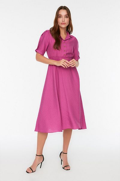 Trendyol Collection Πουκάμισο δαμάσκηνο με γιακά με Guiped Midi Υφαντό Φόρεμα TWOSS21EL1023
