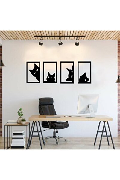 GİZEM SHOP Dekoratif Kedi Tablosu Seti Lazer Kesim Siyah