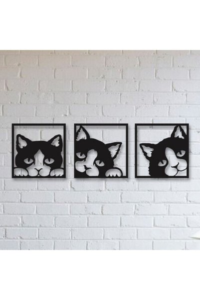 Odun Marketi 3lü Kedi Ahşap Dekoratif Duvar Tablosu 30x30 Cm
