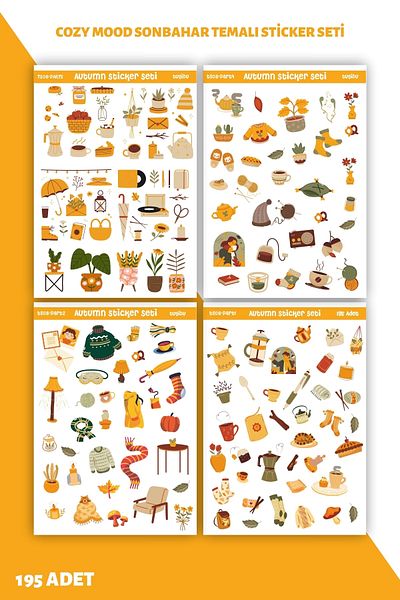 TUGİBU Cozy Mode Autumn Hygge Sticker Set 195 Pieces Decal Label for Agenda, Notebook, Planner