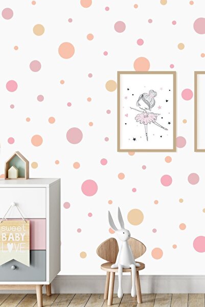 Moccoll Irili Ufaklı Pembe Tonları Yuvarlak Duvar Sticker Duvar Süsü Duvar Et...