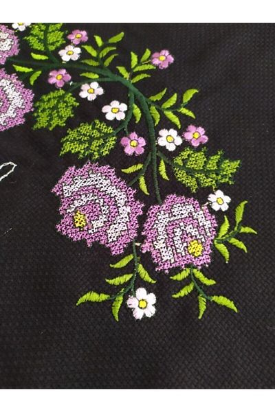 Çeyiz Bahçesi Siamese Prayer Rug Black Rose Embroidered Cross Stitch