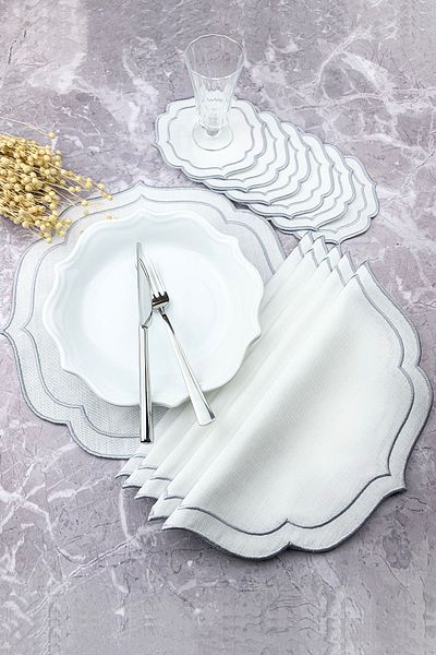 WEARE2 Gray Color Double Wrap Embroidered 12 Piece Set Placemat And Cocktail Napkin