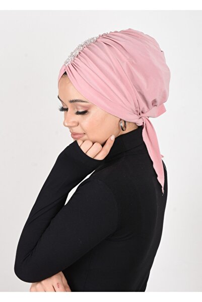 OykumBone Pudra Yaprak Taşlı Arkadan Bağlamalı Pratih Hazır Bone