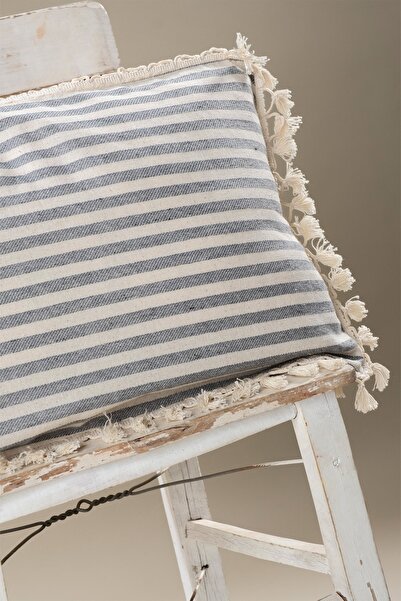 vivamaison Single Special Design Gray Striped Linen Pompom Throw Pillow Pillow Case 35X55 cm
