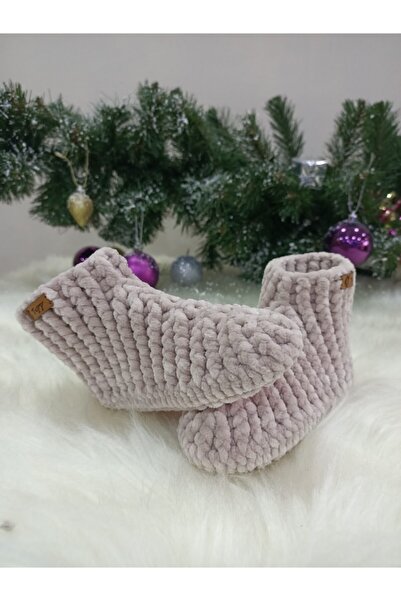 Tuyy El Örgüsü Özel Tasarım Kadife Ip Pudra Rengi Ev Botu& Patik