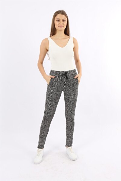 Banadamoda Siyah Zebra Desenli Önden Çizgi Dikişli Cepli Spor Pantolon BMSP/003