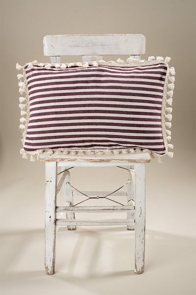 vivamaison Față de pernă cu pompon de in, cu dungi roșii, cu design special unic, 35x55 cm