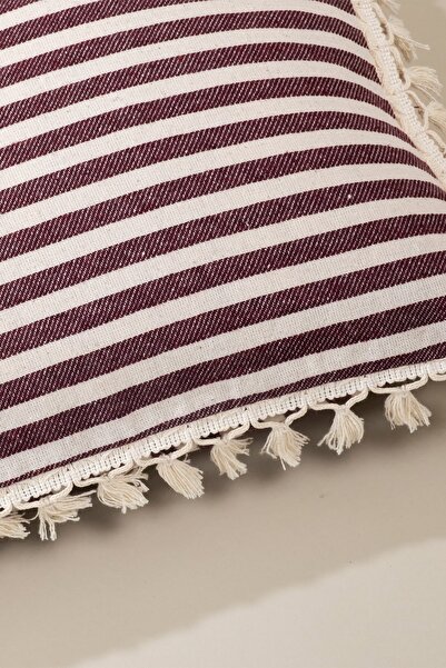 vivamaison Tekli Özel Tasarım Bordo Çizgili Keten Ponponlu Kırlent Yastık Kılıfı 35x55 Cm