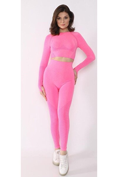 MAGZA طقم طماق رياضية بدون خياطة بخصر عالٍ للغاية للسيدات باللون الوردي مع قطع