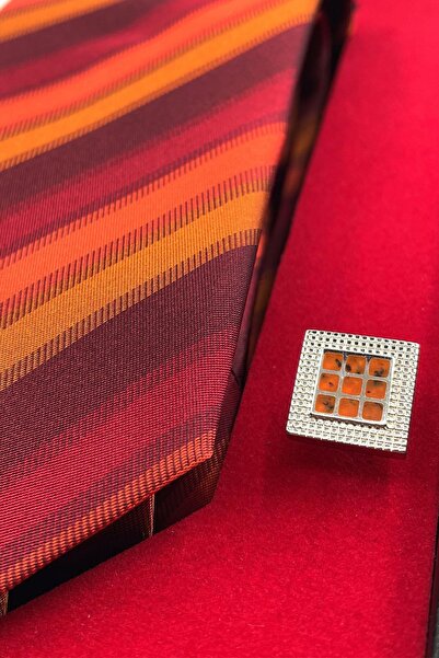 La Pescara Red Italian Silk Tie Steel Cufflinks Men's Set Sks22