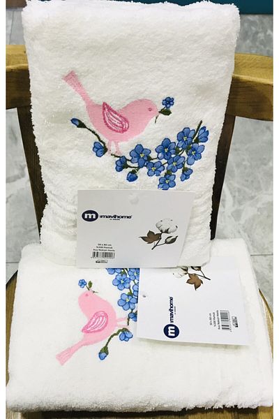 mf mavihome Mf Blue Home Bird Patterned Hand and Face Towel 50*80 Cm 100% Cotton