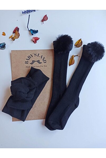 Babyland طقم جوارب/باندانا سوداء اللون للفتيات الصغيرات وجوارب سوداء مع كرة س...