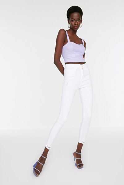 Trendyol Collection Blugi skinny elastici talie înaltă cu detaliu rupt alb