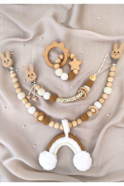 MYG Baby Ahşap Diş Kaşıyıcı Puset Oyuncağı Ve Ahşap Emzik Zinciri, Emzik Tutucu Amigurumi Oyuncak