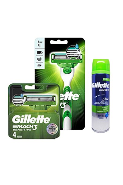 Gillette Mach3 Sensitive Tıraş Seti Makine + 5'li Yedek Başlık 200 ml Jel