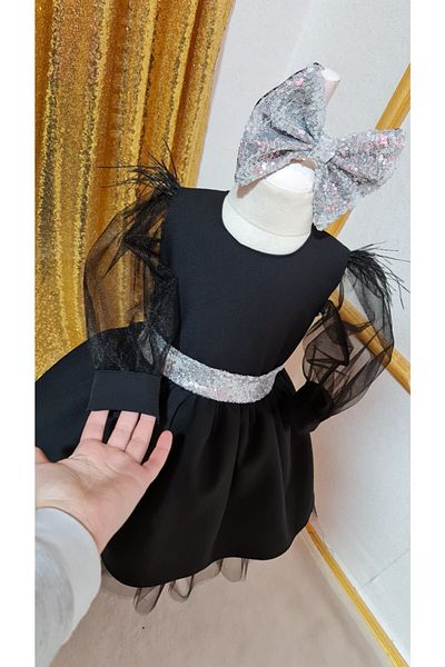 NA ADDESIGN Girl's Black Sleeves Tulle Detail Puffy Evening Dress