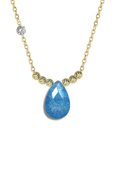 Demas Gold Pirlanta 14 Ayar Altin Dorikalı Mavi Topaz Renkli Damla Taşlı Kolye