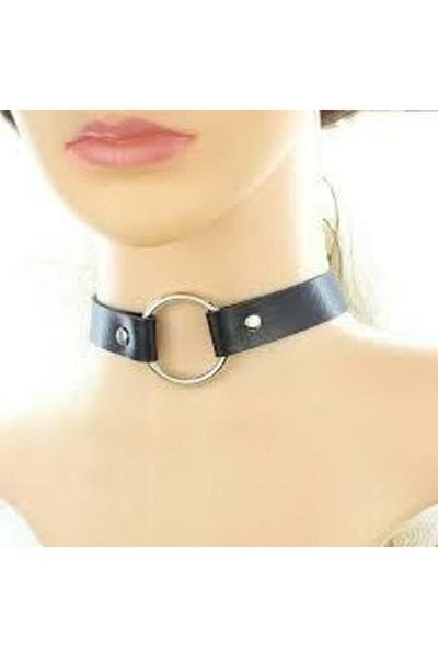 Kirpi Women's Black Ring Detail Leather Choker Chocker Necklace