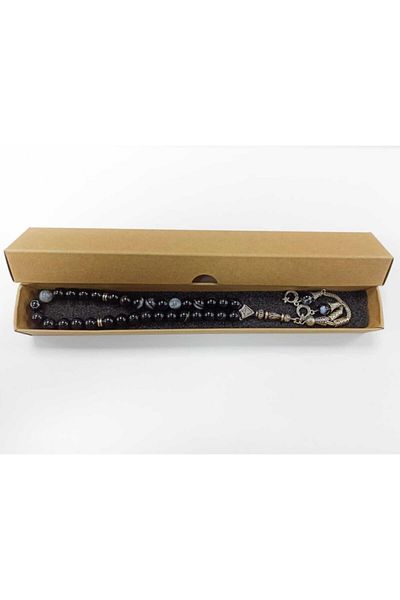 Yüksel Boncuk 8mm Black Agate Natural Stone Alpaca Prayer Beads - With Spare String and Knot Hiding Gift
