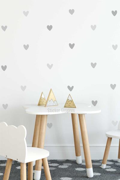 Sticker Ekspres Gri Tonlarda Asimetrik Kalpler Çocuk Odası Duvar Sticker Seti