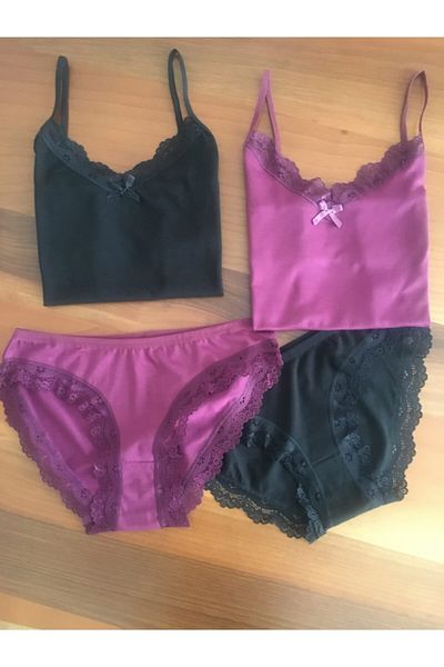 LEYNA BUTİK Women's Plum Black 2 Piece Thread Strap Athlete Panties Set.
