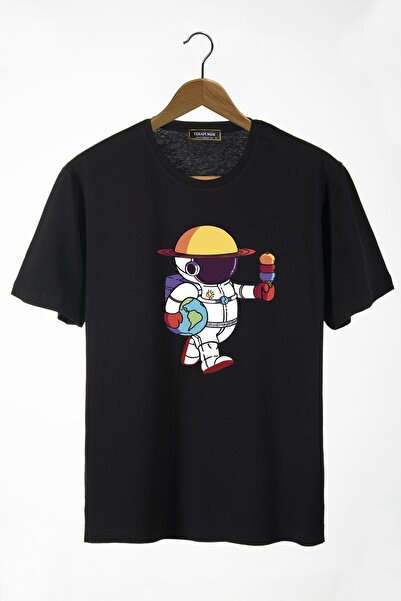 COLLIE Tricou de bază pentru bărbați, de culoare neagră, cu imprimeu astronau...