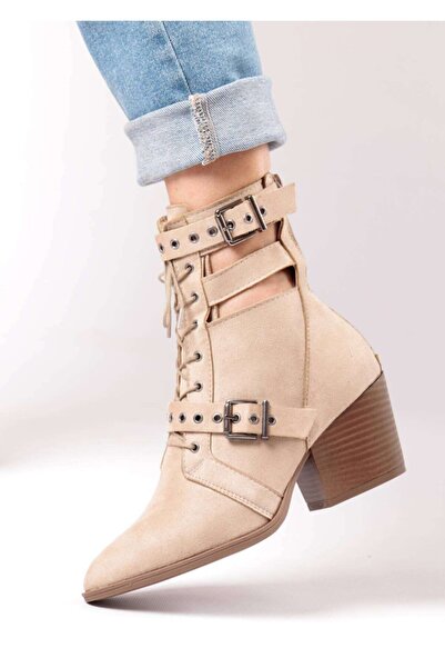 Bej Ayakkabı Women's Coco Buckle and Tie Detail Back Zipper Heeled Boots Tan