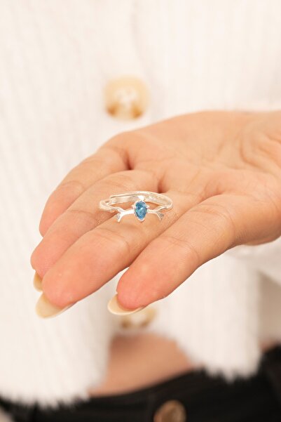Eva Jewelry Geyik Motifli Aqua Taşlı Gümüş Kaplama Çift Alyans Yüzük