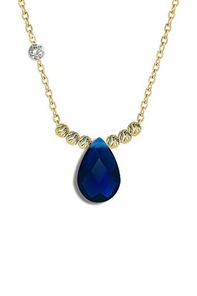 Demas Gold Pirlanta 14 Ayar Altin Dorikalı Safir Renkli Damla Taşlı Kolye