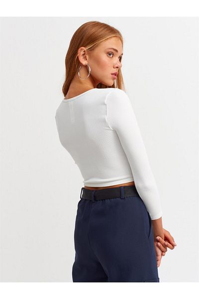 Dilvin Garage Butik 3529 Pool Neck Μακρύ μανίκι Crop Top-λευκό